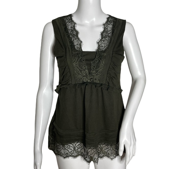 White House Black Market Tops - White House Black Market Sleeveless Blouse Army Green Lace Ruffles V-Neck